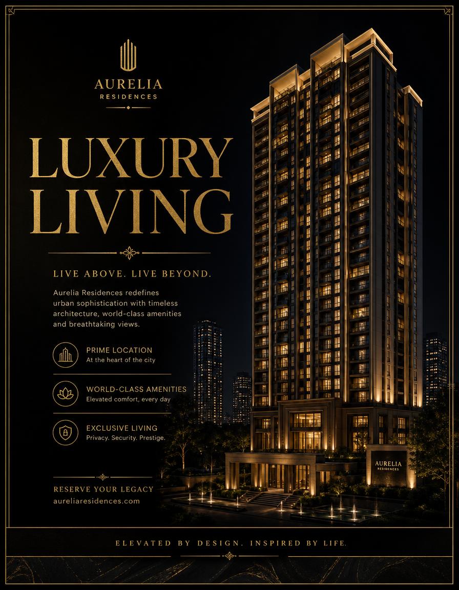Real estate poster design — Luxury residences launch poster — night tower render, gold editorial type.