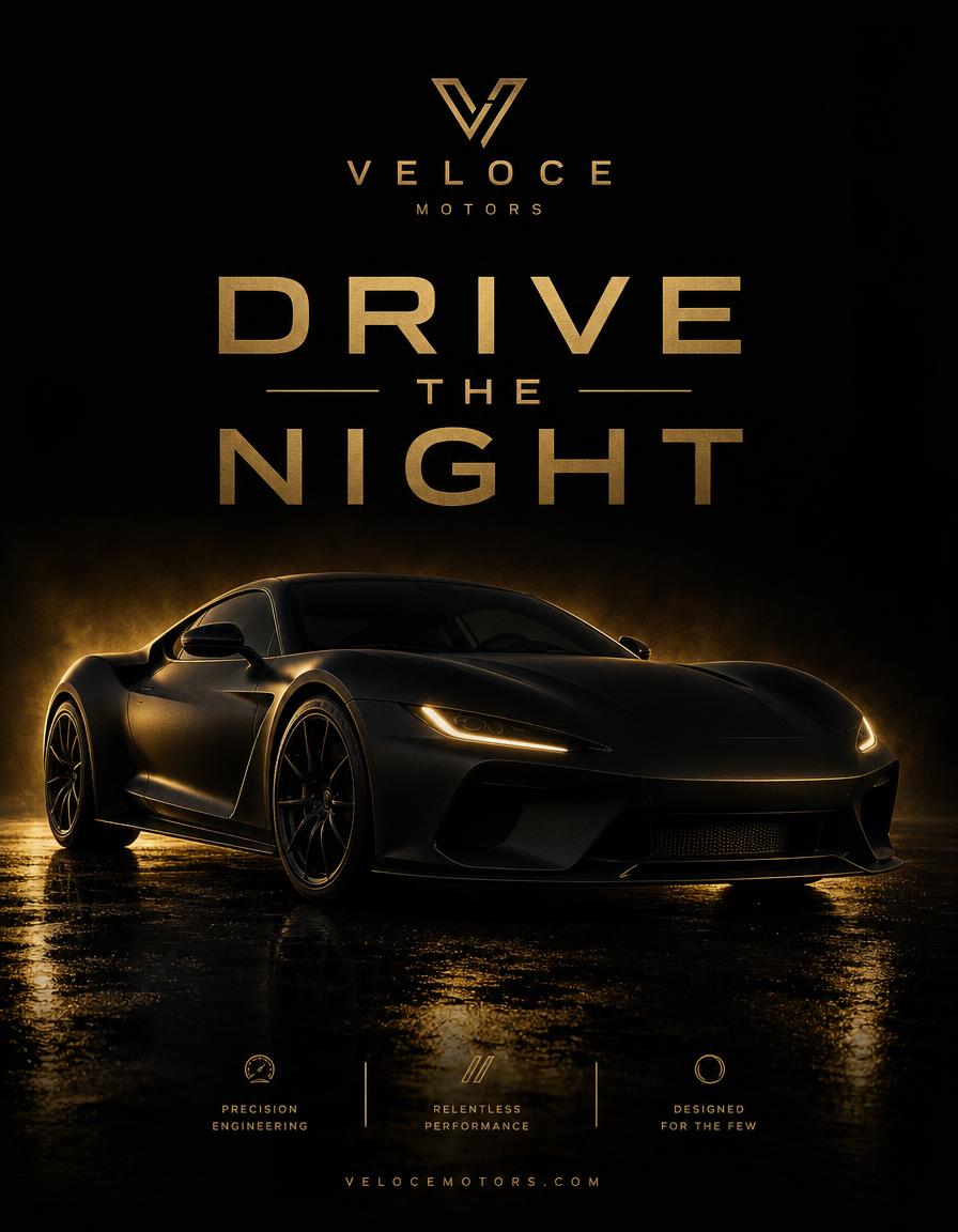 Automobile poster design — Performance car campaign — wet-floor reflections and gold rim light.