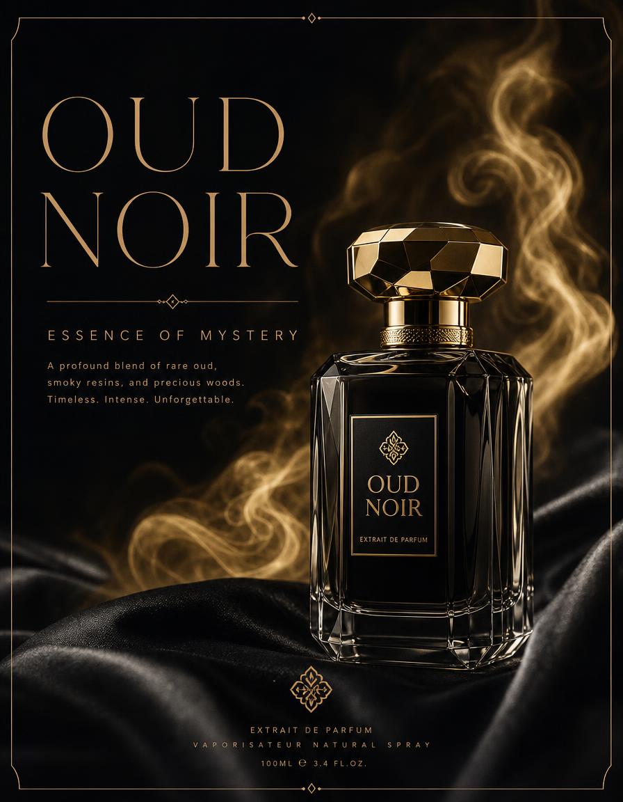 Perfume poster design — Fragrance launch poster — faceted bottle, gold smoke, minimal serif layout.