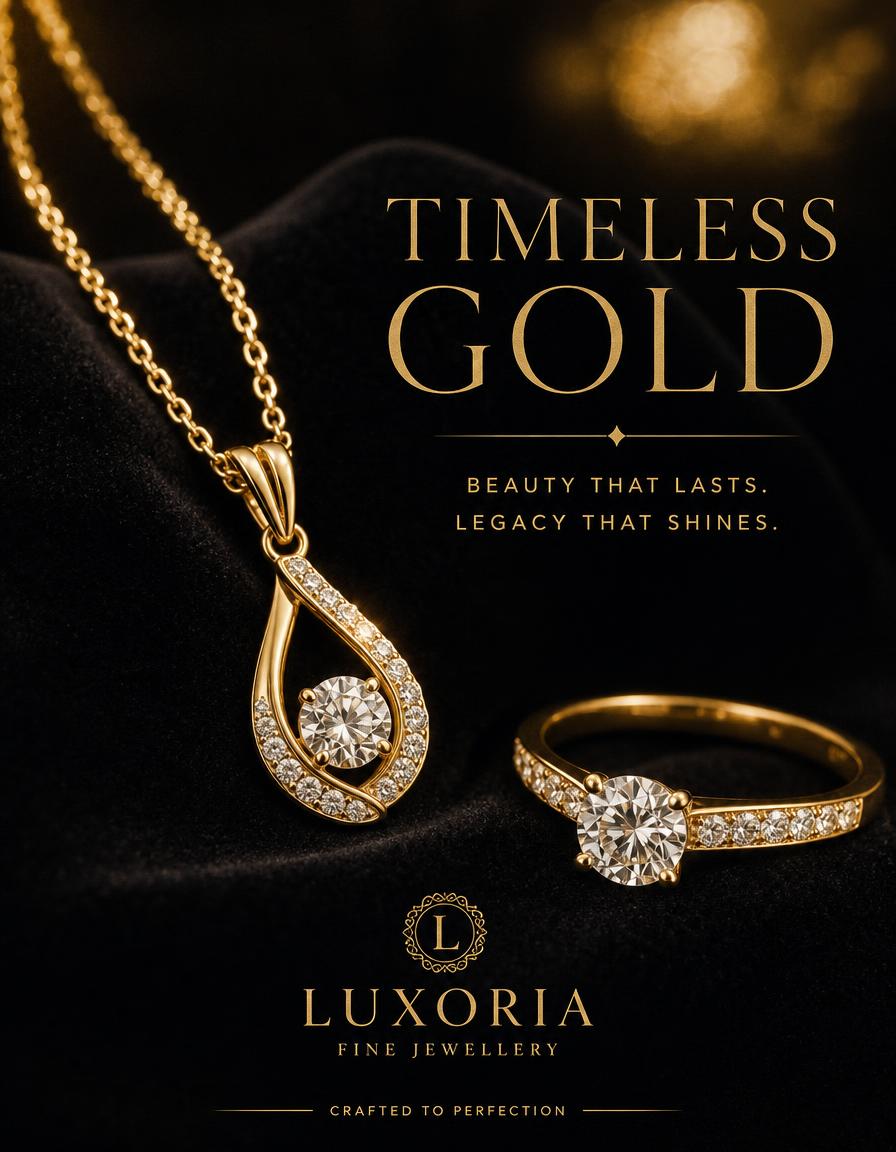 Jewellery poster design — Fine jewellery campaign — macro gold on velvet with monogram lockup.