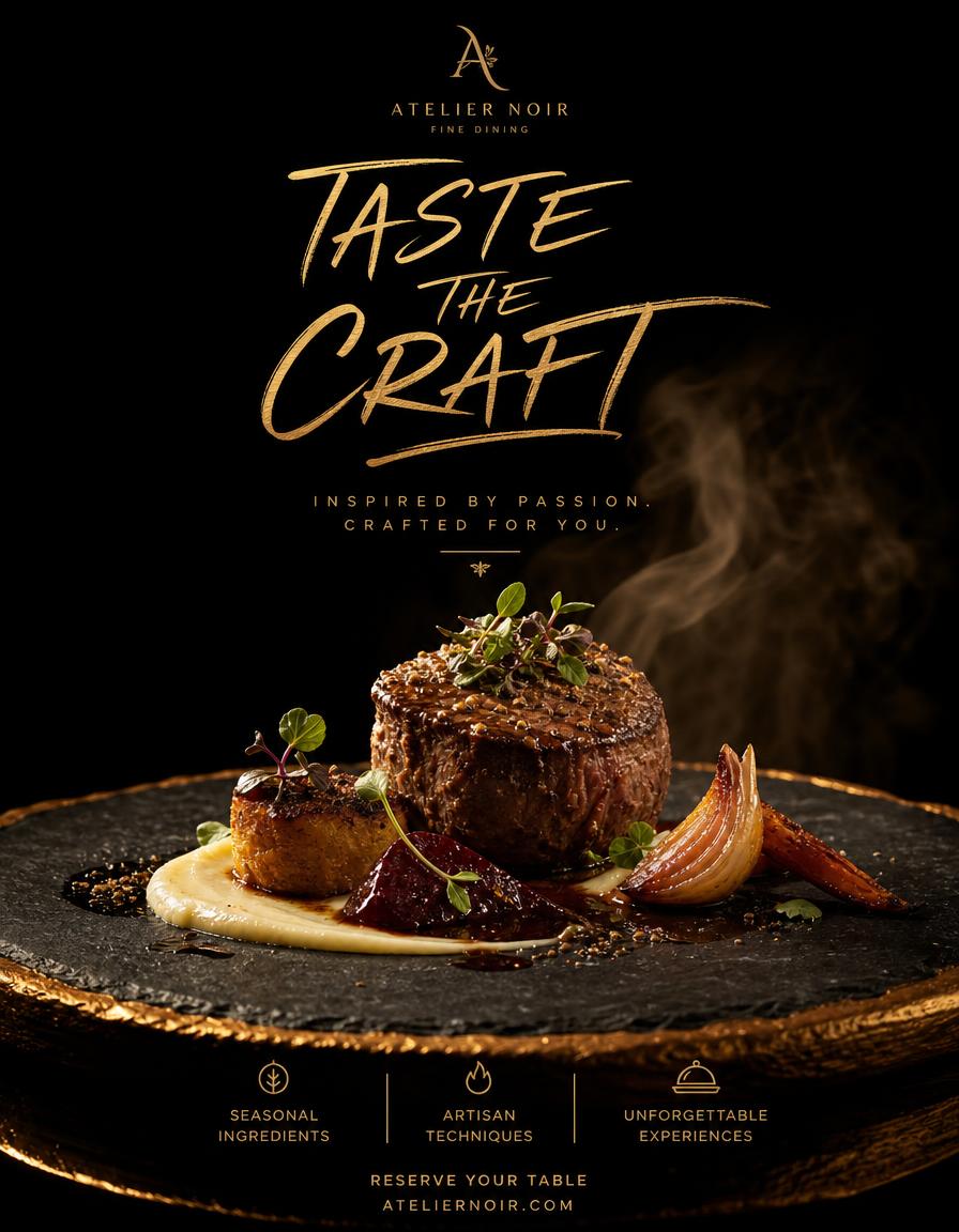Restaurant poster design — Fine dining poster — plated hero shot with gold brush headline.