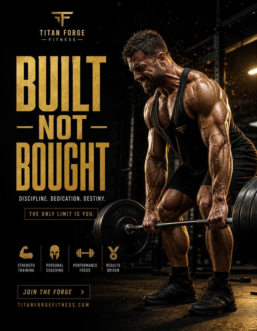 Fitness poster design — Gym campaign — high-contrast athlete cutout and condensed gold type.