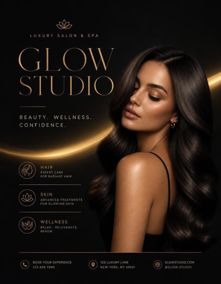 Salon & spa poster design — Beauty salon poster — gold light sweep and service icon column.