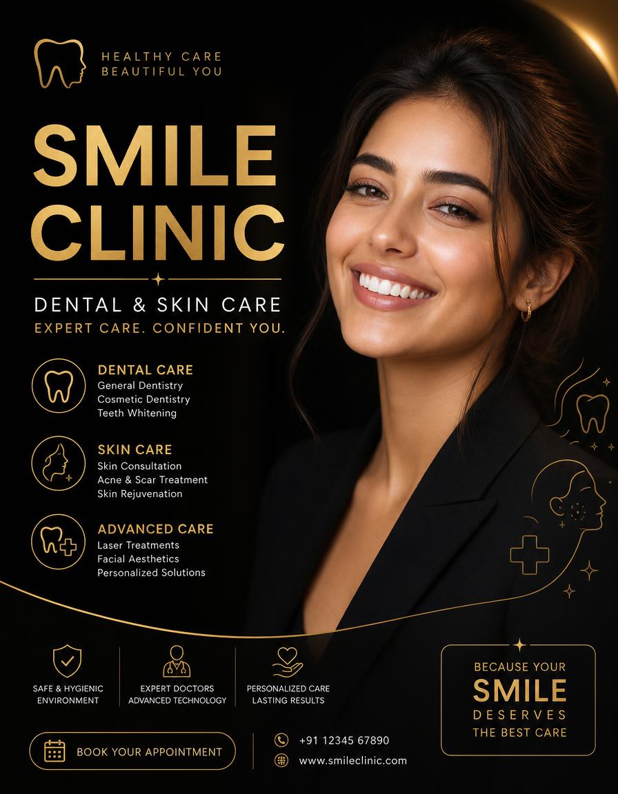 Clinic poster design — Dental and skin clinic poster — trust icons, treatment list, booking CTA.