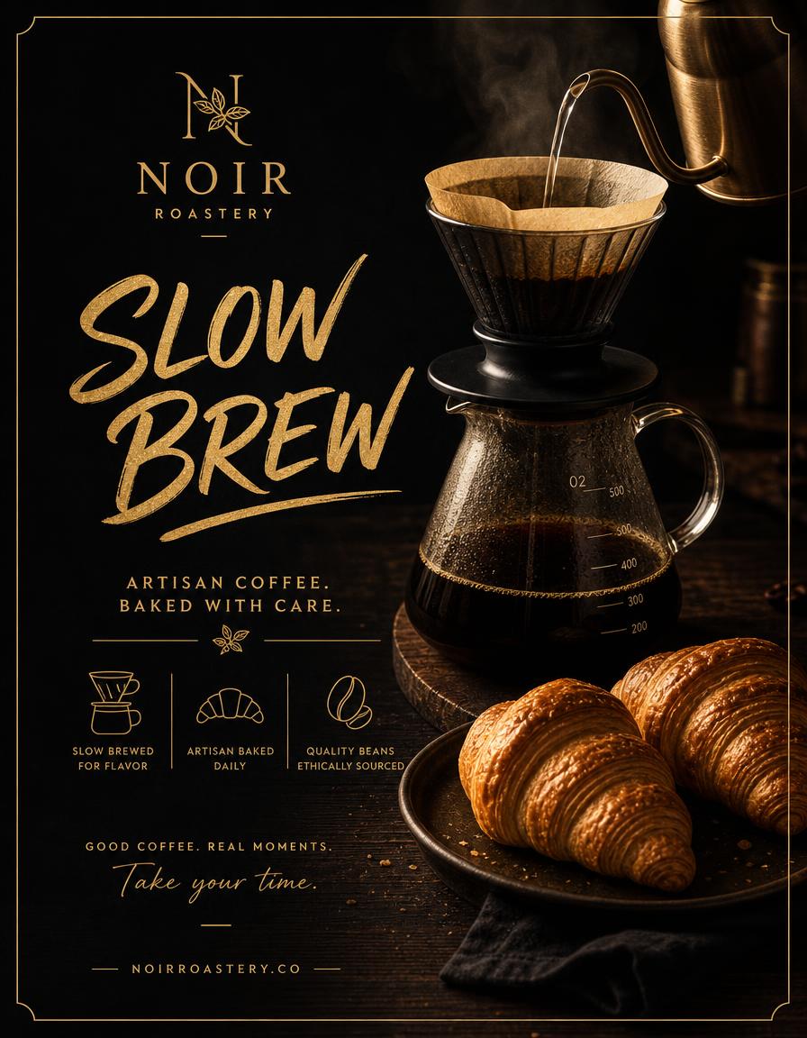 Cafe poster design — Specialty coffee poster — pour-over hero with hand-lettered headline.