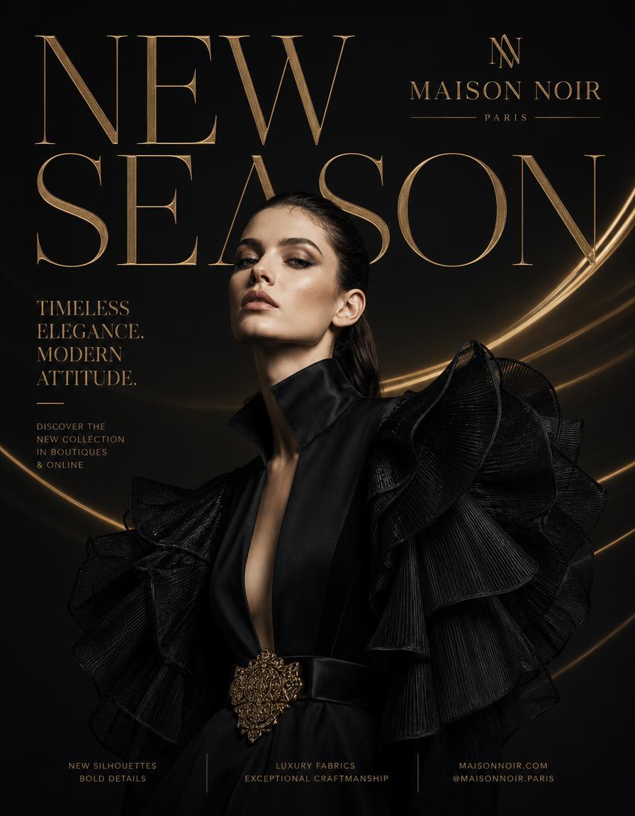Fashion poster design — Boutique new-season poster — magazine cover styling in black and gold.