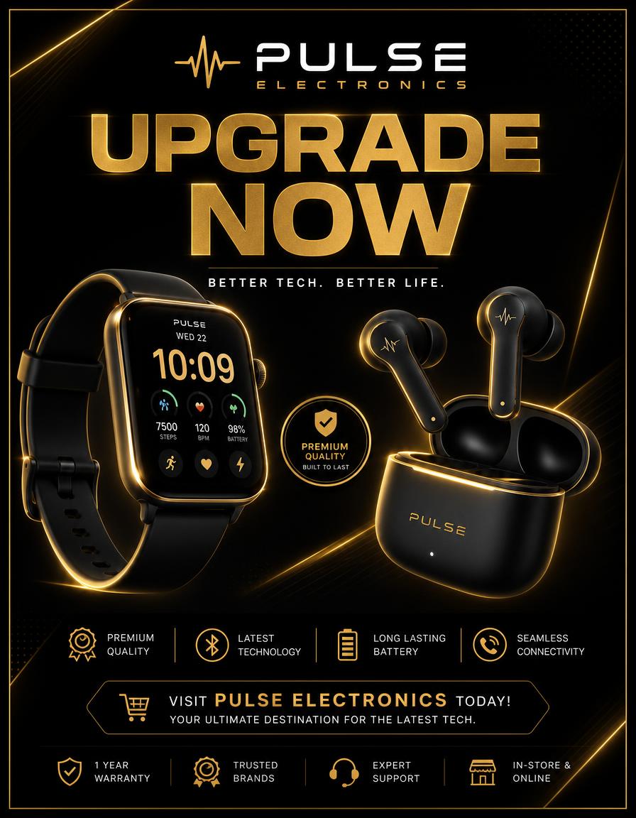 Electronics poster design — Gadget store poster — floating product set with gold edge lighting.