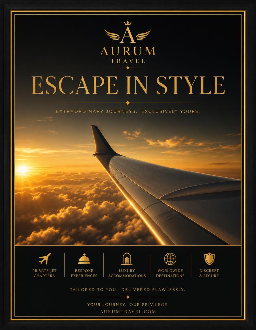 Travel poster design — Luxury travel poster — framed sunset visual with feature strip.