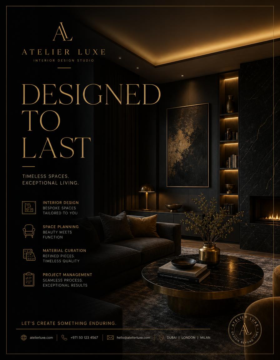 Interiors poster design — Interior studio poster — dark living-room render with service breakdown.