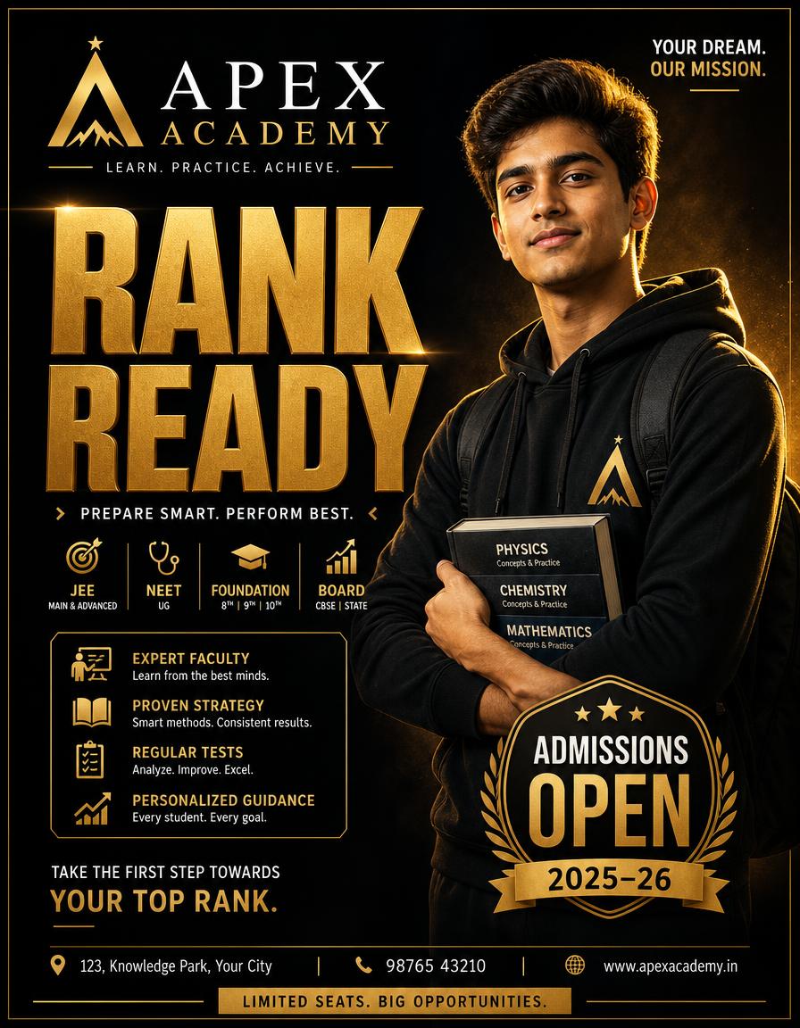 Education poster design — Coaching institute poster — admissions badge and course grid.