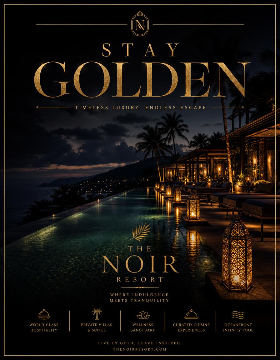 Hospitality poster design — Resort campaign — infinity pool at night with lantern ambience.