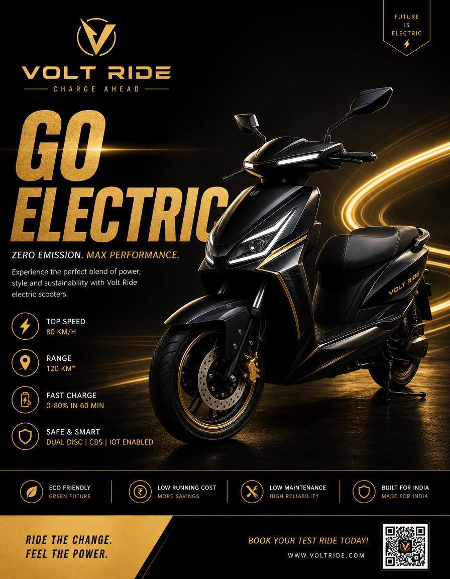 EV mobility poster design — Electric scooter poster — spec column, light trails and QR CTA.