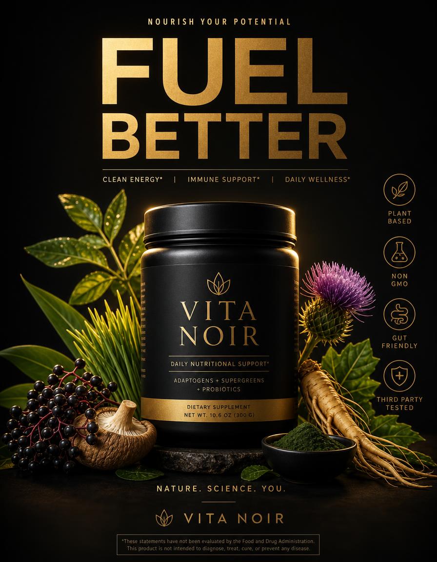 Wellness poster design — Supplement launch poster — botanical still life with claim badges.