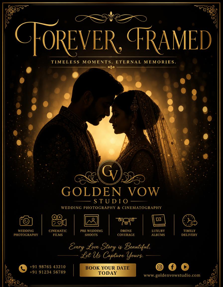 Wedding poster design — Wedding studio poster — bokeh silhouette with ornate gold frame.