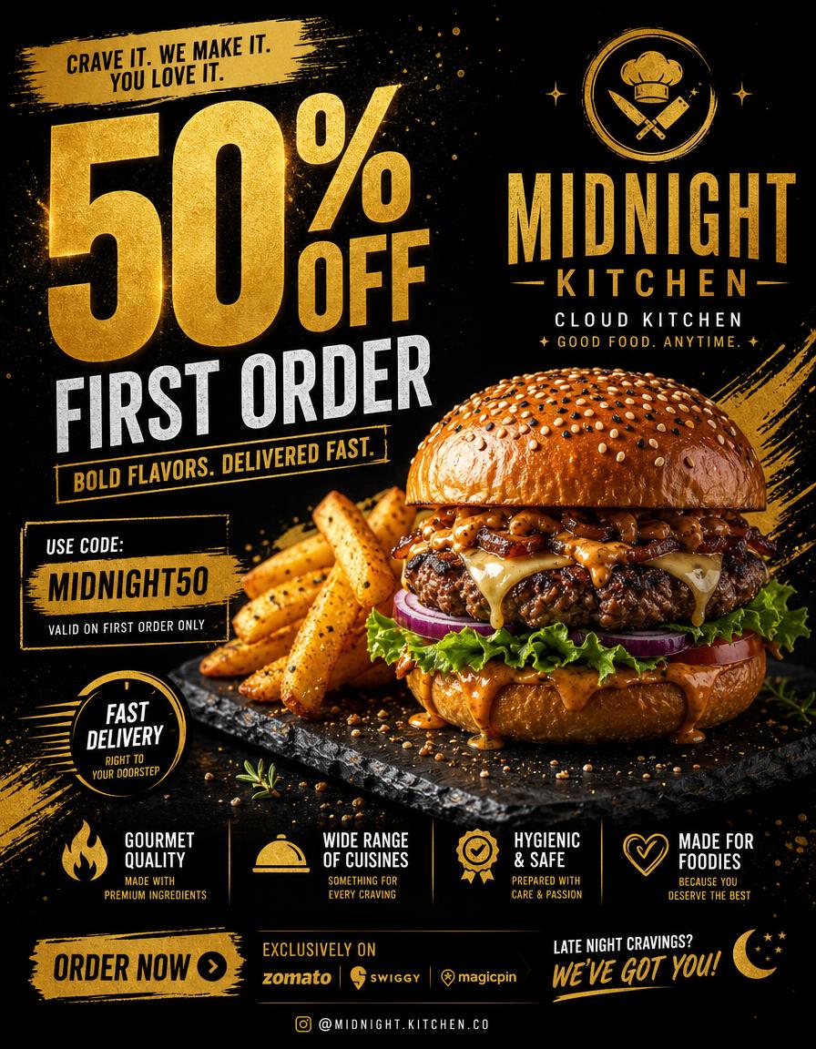 Cloud kitchen poster design — Delivery offer poster — 50% off hero number with coupon block.