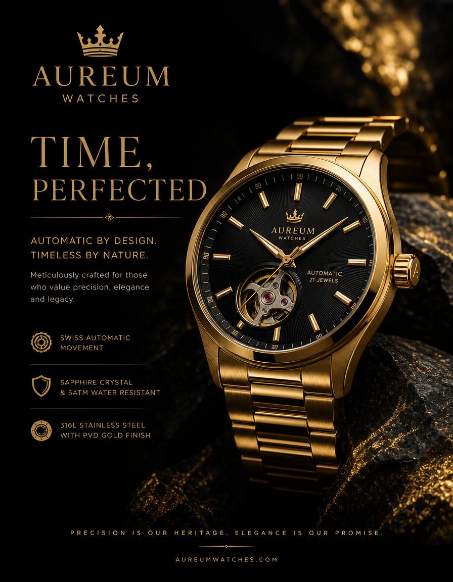 Watches poster design — Watch retail poster — macro dial detail with heritage copy block.